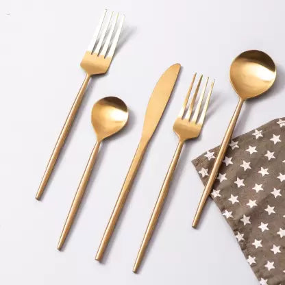SET OF 5 CUTLERY SET FOR DINING TABLE KITCHEN , SPOON FORK SET(Gold) Stainless Steel Cutlery Set (Pack of 5)