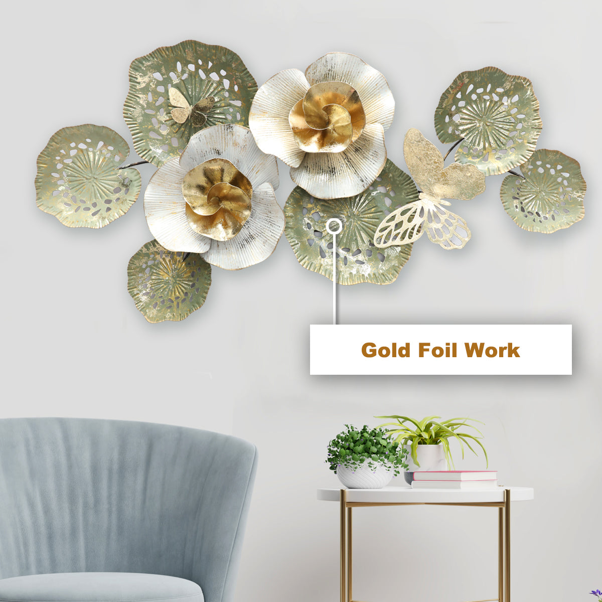 Idyllic Floral Fantasy Metal Wall Art Panel - Gold Foil Work
