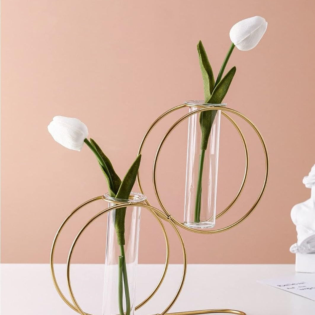 Double Round Metal Wire Glass Tube Vase