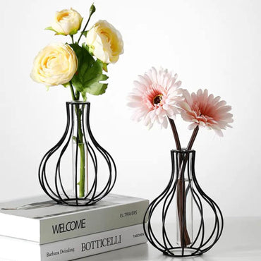 Metal Wire Decorative Glass Tube Vase/Flower Vase Pot/Unique Handmade Home Decor/Living Room Office Table Vase-Black