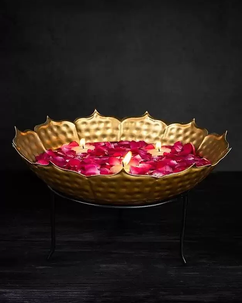 Galloy Gold Metal Hammered Urli With Stand (Set Of 3) Decorative Showpiece