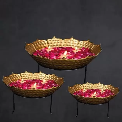 Galloy Gold Metal Hammered Urli With Stand (Set Of 3) Decorative Showpiece