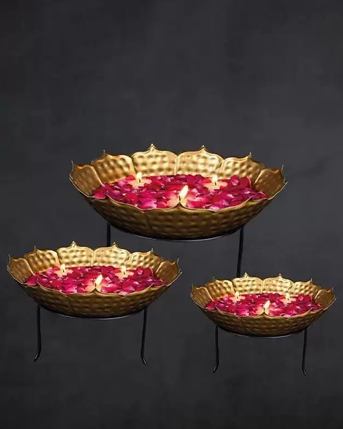 Galloy Gold Metal Hammered Urli With Stand (Set Of 3) Decorative Showpiece
