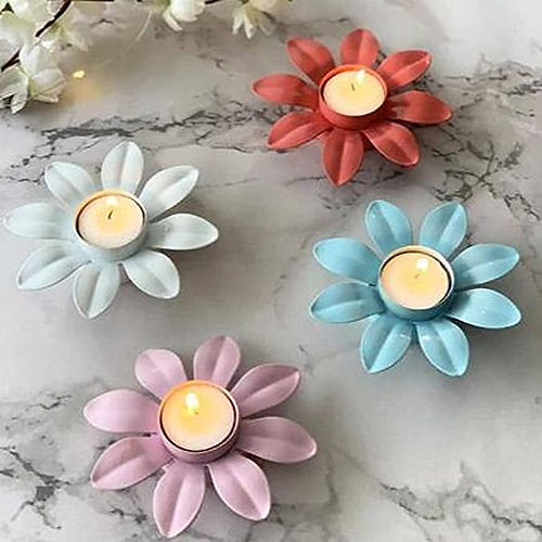 Galloy ron Metal Beautiful Flower Shaped Candle Diya Holder Keeper Stand Festiva