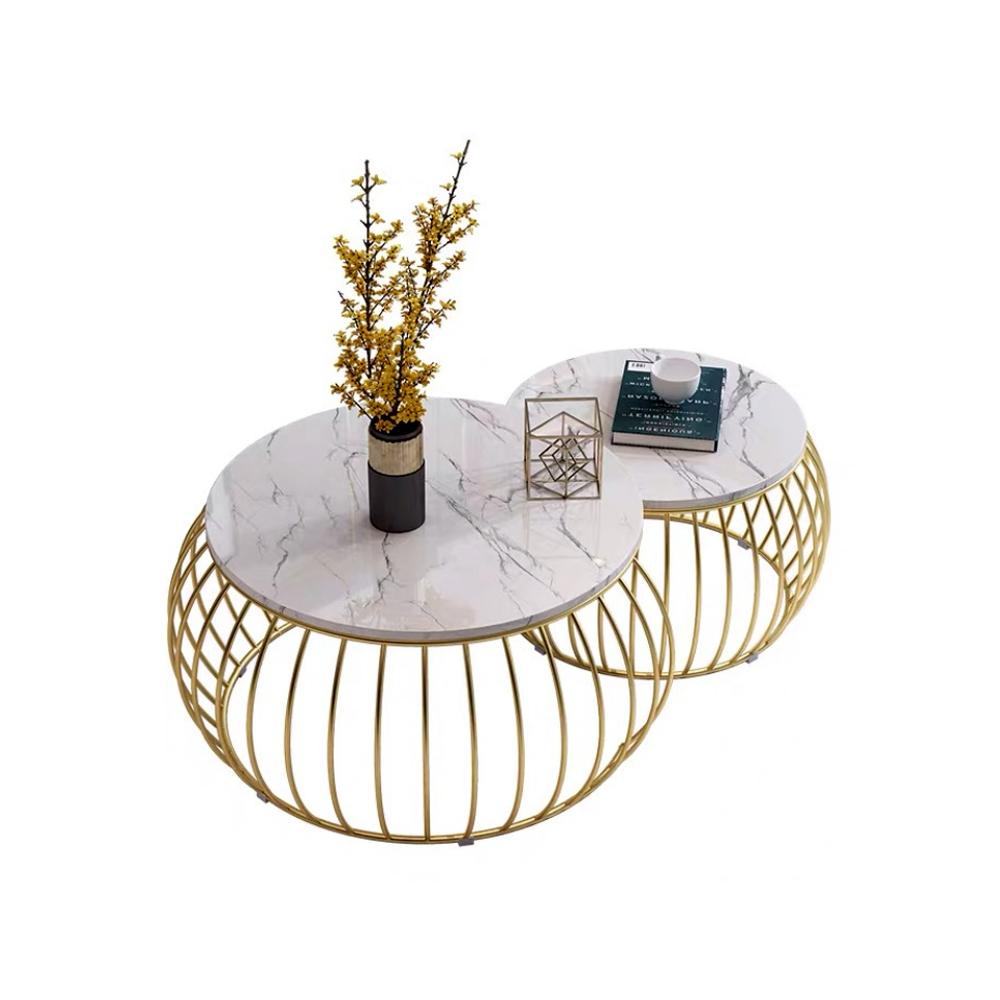 Ornate Rounded Metallic Marble Nested Coffee Table Set of 2