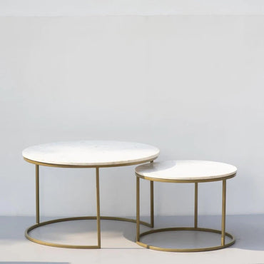 White Marble Round Iron Stand Coffee Tables Set of 2