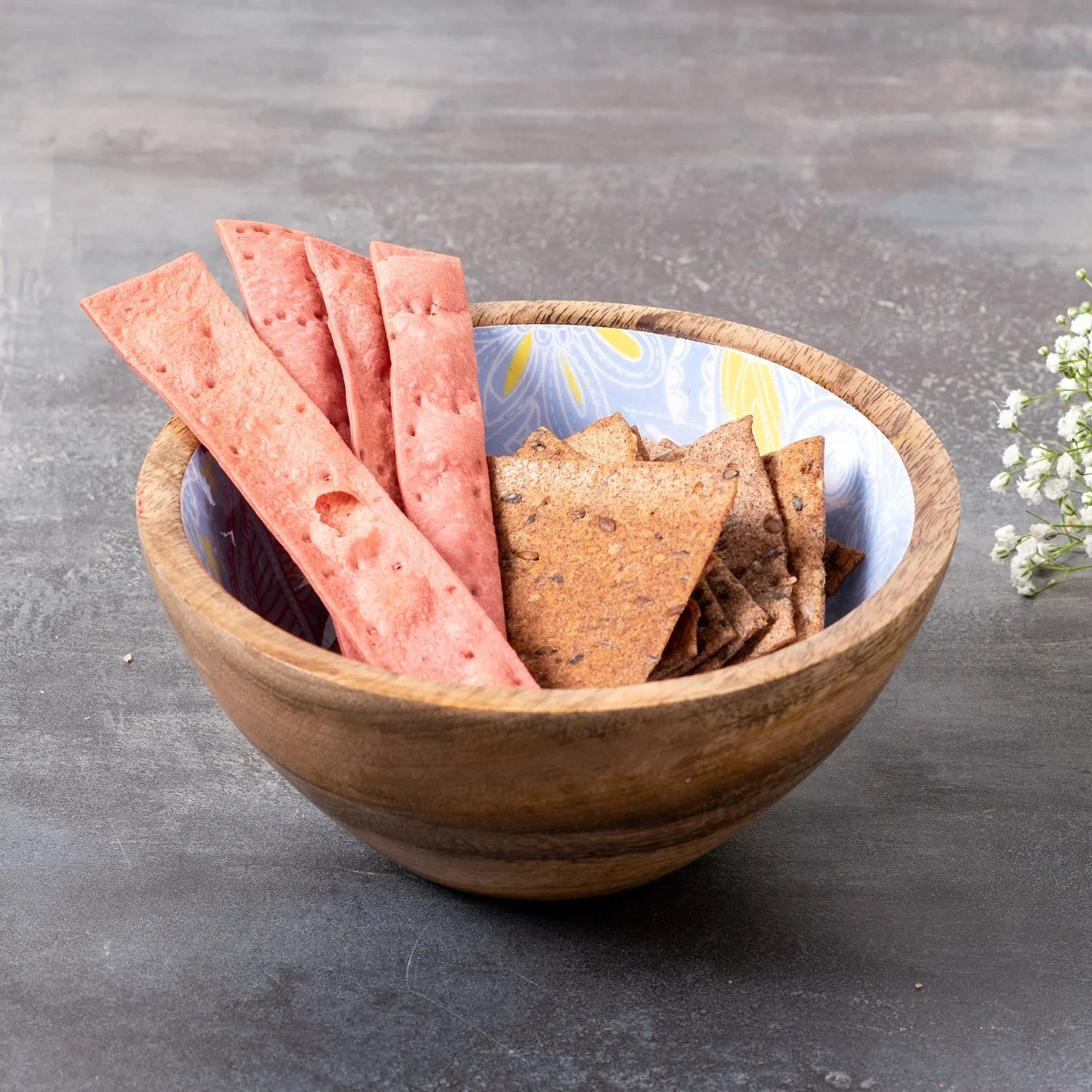 Blue Enamel Print Hand Crafted Wooden Rice Bowl