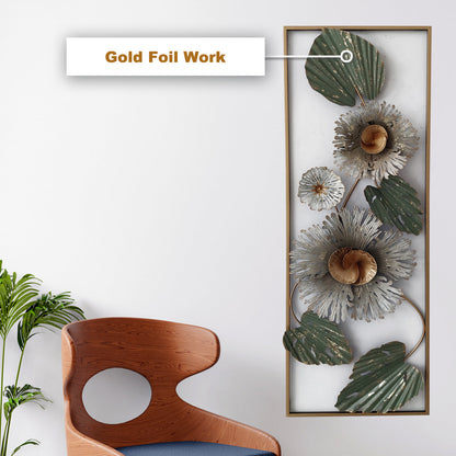 Floret Vertical frame Metal Wall Art Panel - Gold Foil Work