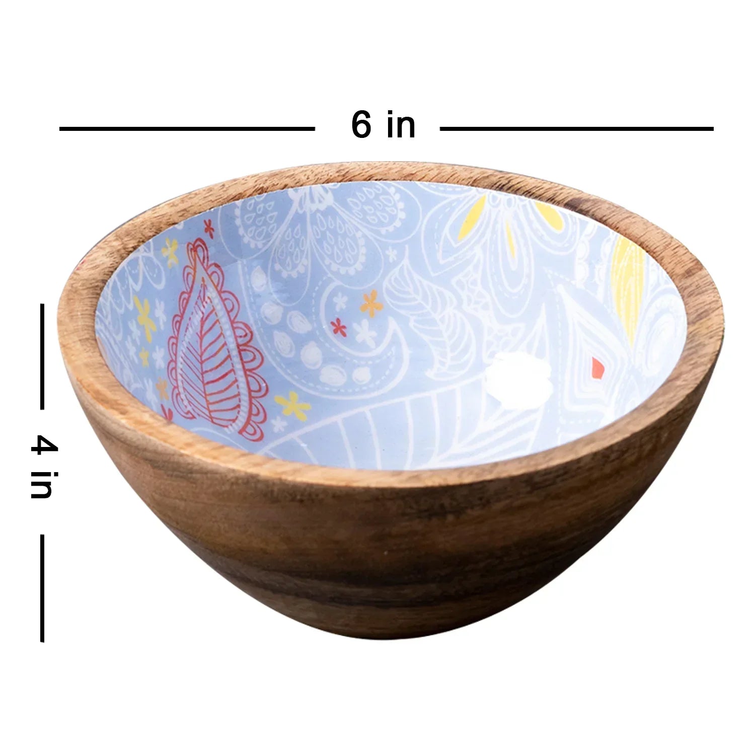 Blue Enamel Print Hand Crafted Wooden Rice Bowl