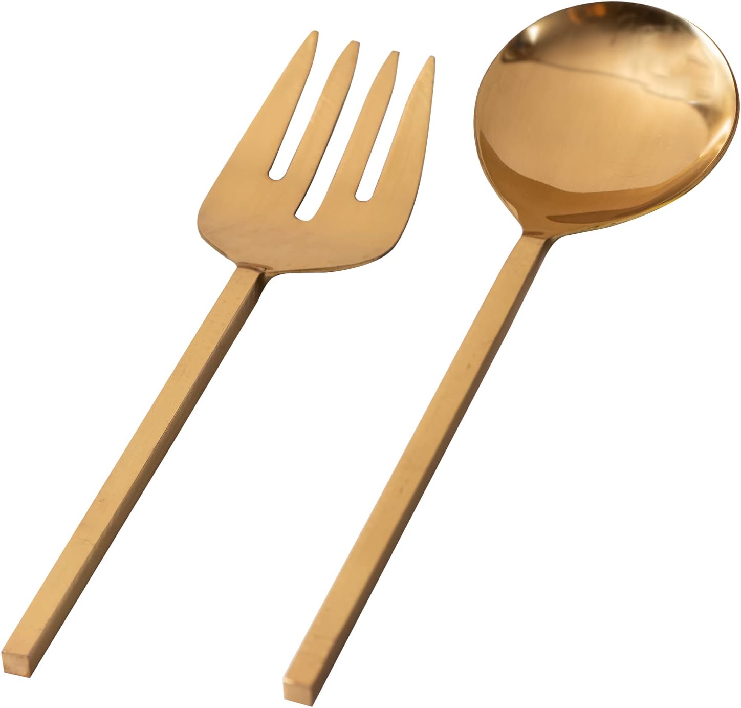 Serving Spoon & Salad Server Fork with Long Handle Set of 2 for Dining Table/Kitchen | 1 Serving Spoon, 1 Salad/Noodles Spoon Stainless Steel - Daily Home, Party or Restaurant Use(Gold)