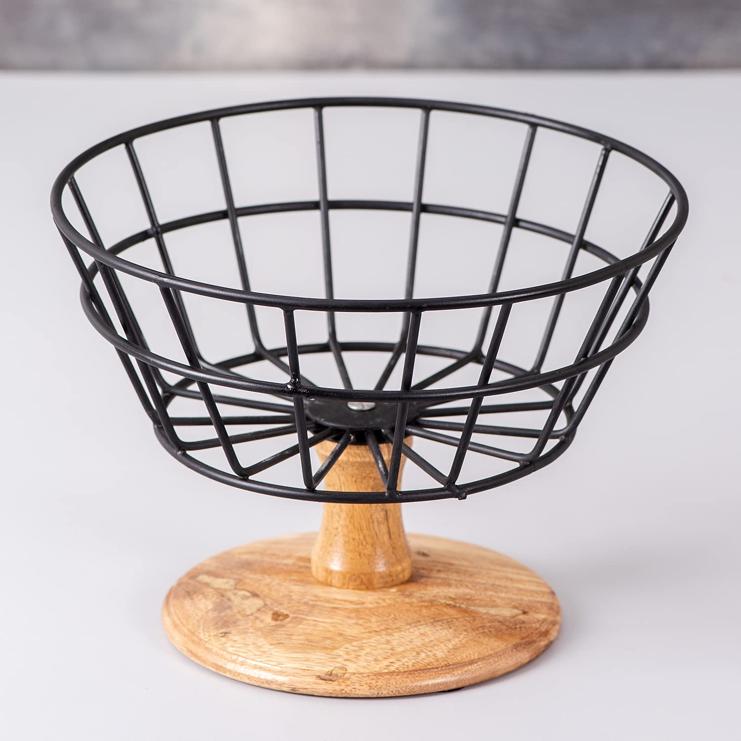 Fruit Basket Kitchen Stand vegetable basket rack stand for kitchen | Round Net baskets for storage Metal basket fruit stand storage baskets with wooden base stand (BLACK)