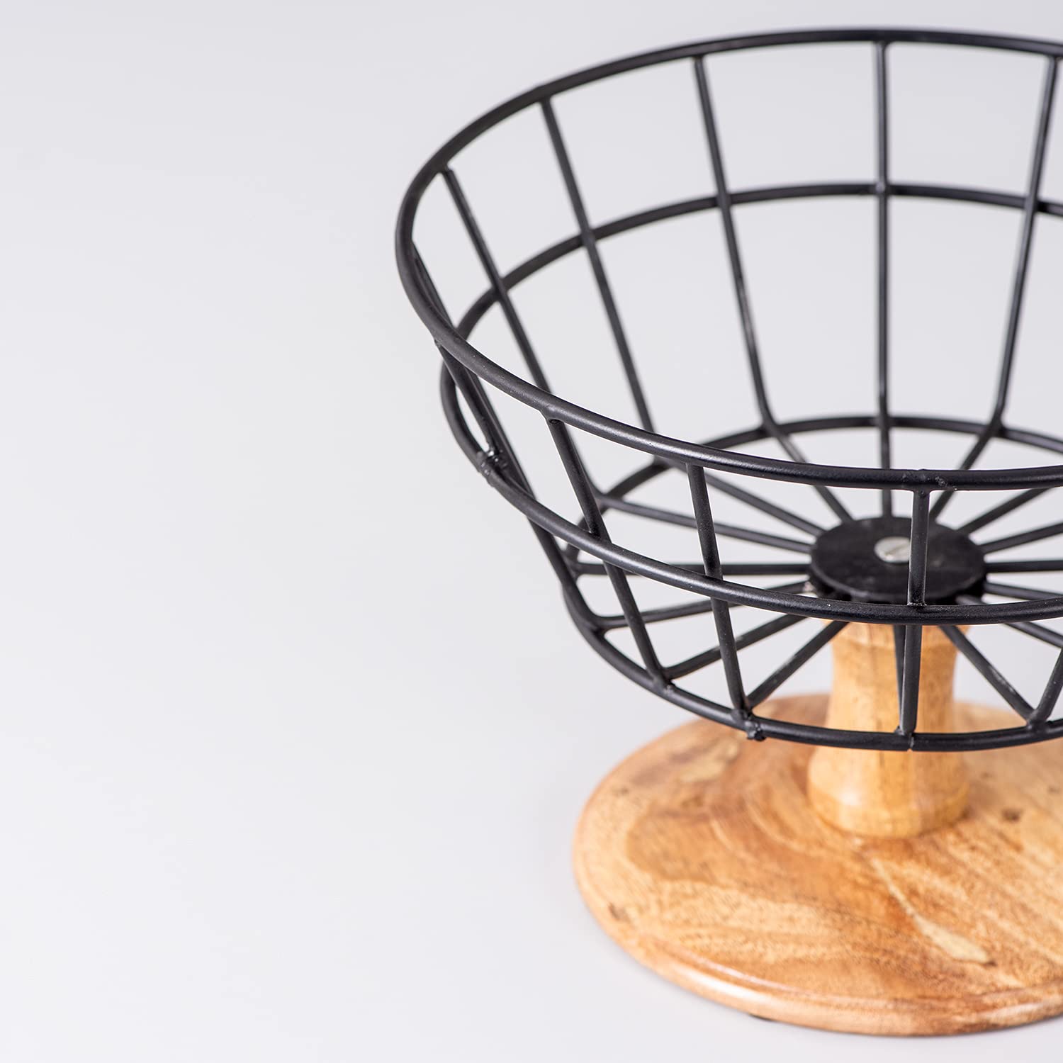 Fruit Basket Kitchen Stand vegetable basket rack stand for kitchen | Round Net baskets for storage Metal basket fruit stand storage baskets with wooden base stand (BLACK)