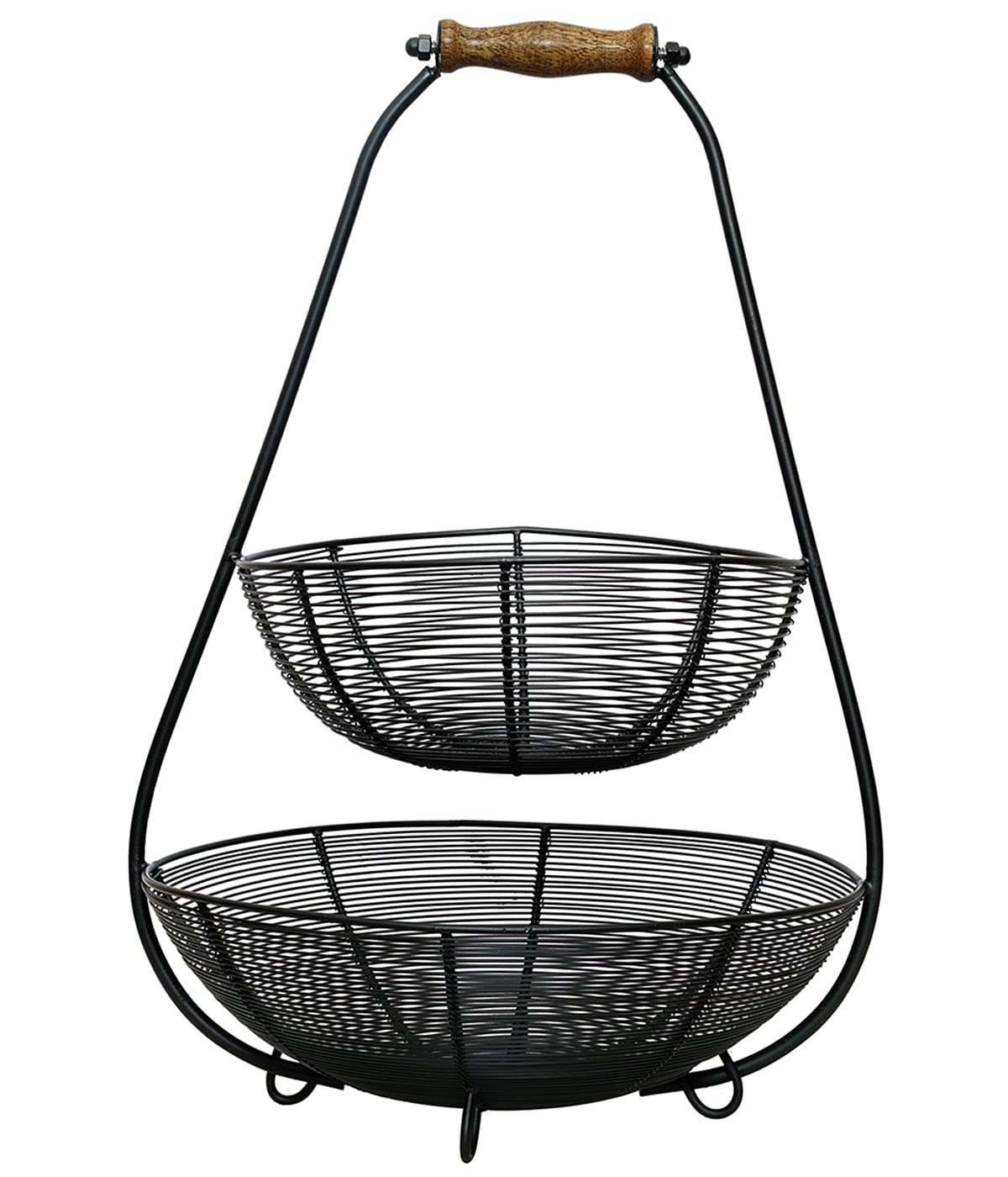 2 Tier Fruit Vegetable Basket with Wooden Handle for Kitchen Dining Table Black Iron Basket