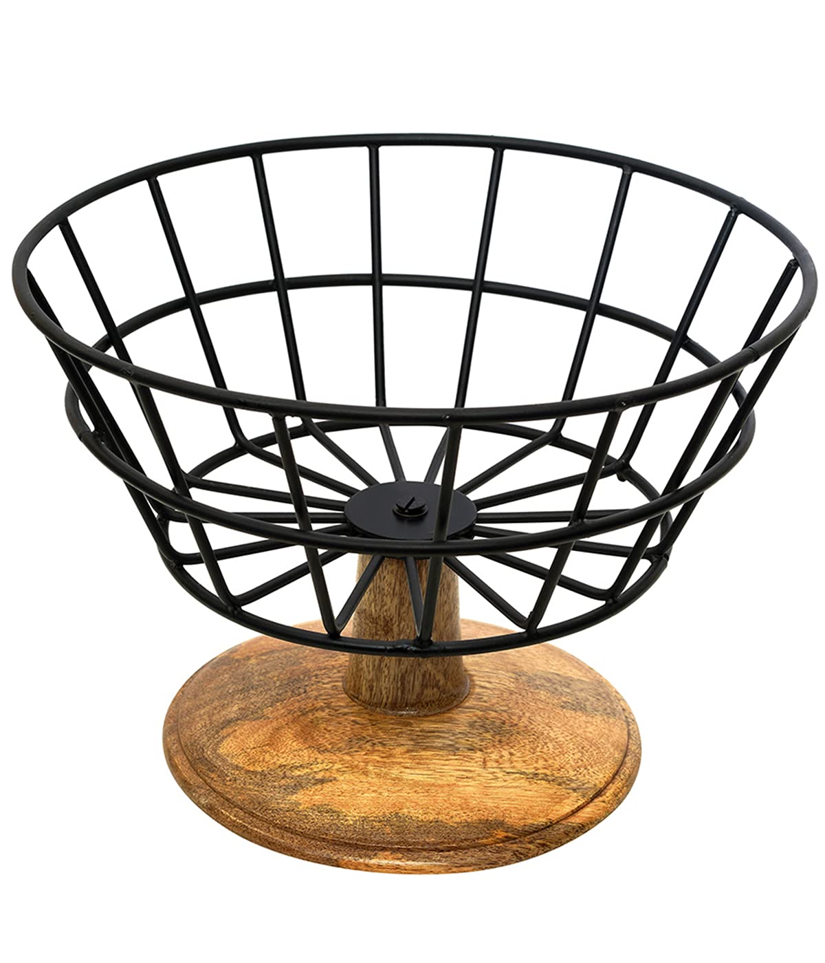 Fruit Basket Kitchen Stand vegetable basket rack stand for kitchen | Round Net baskets for storage Metal basket fruit stand storage baskets with wooden base stand (BLACK)