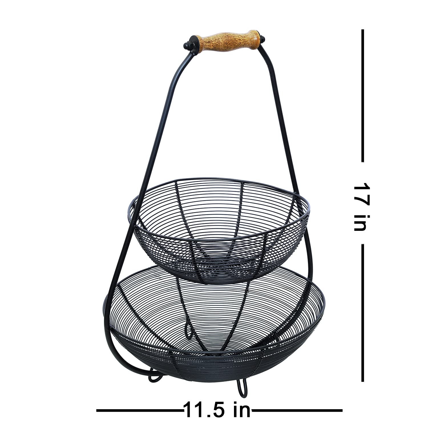 2 Tier Fruit Vegetable Basket with Wooden Handle for Kitchen Dining Table Black Iron Basket