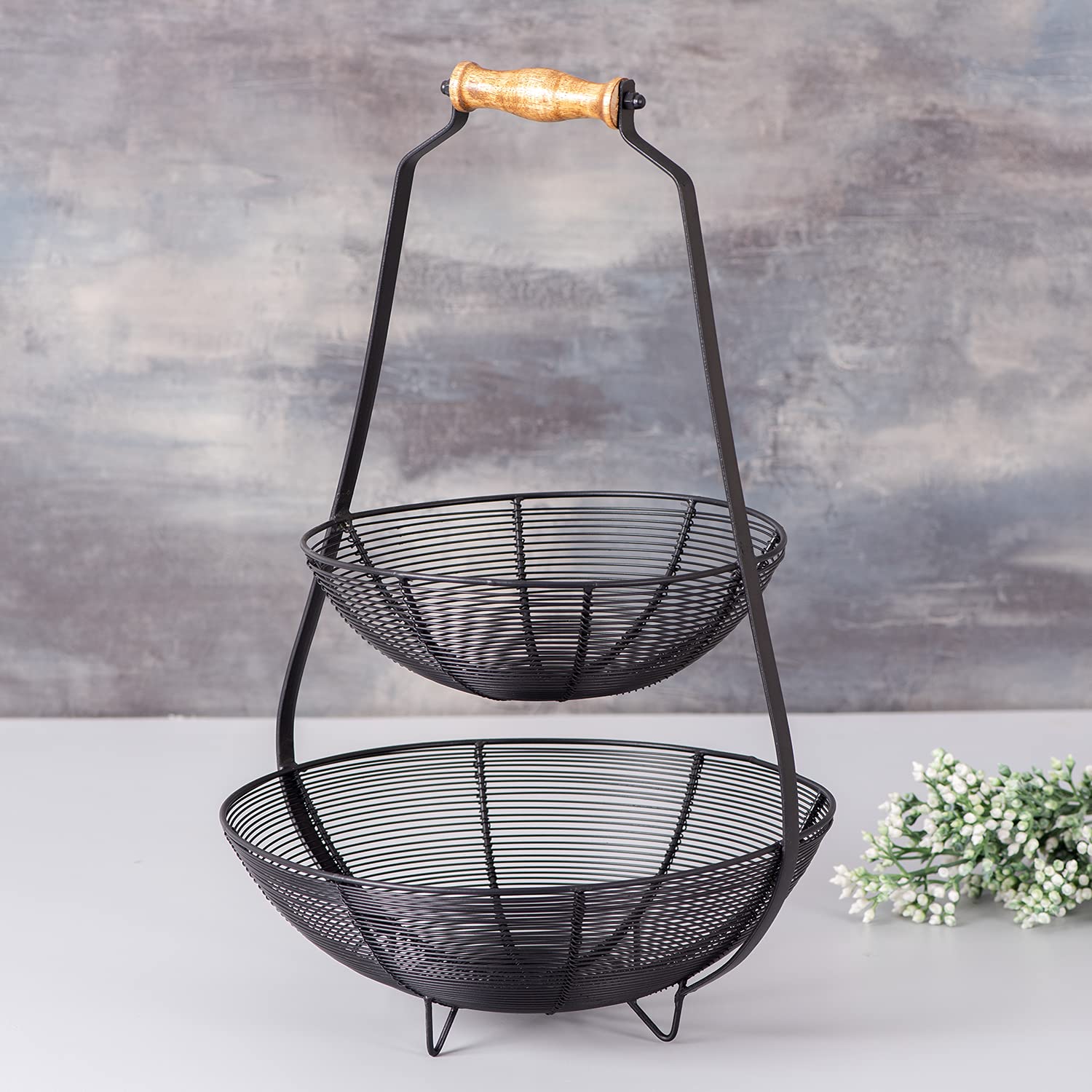 2 Tier Fruit Vegetable Basket with Wooden Handle for Kitchen Dining Table Black Iron Basket