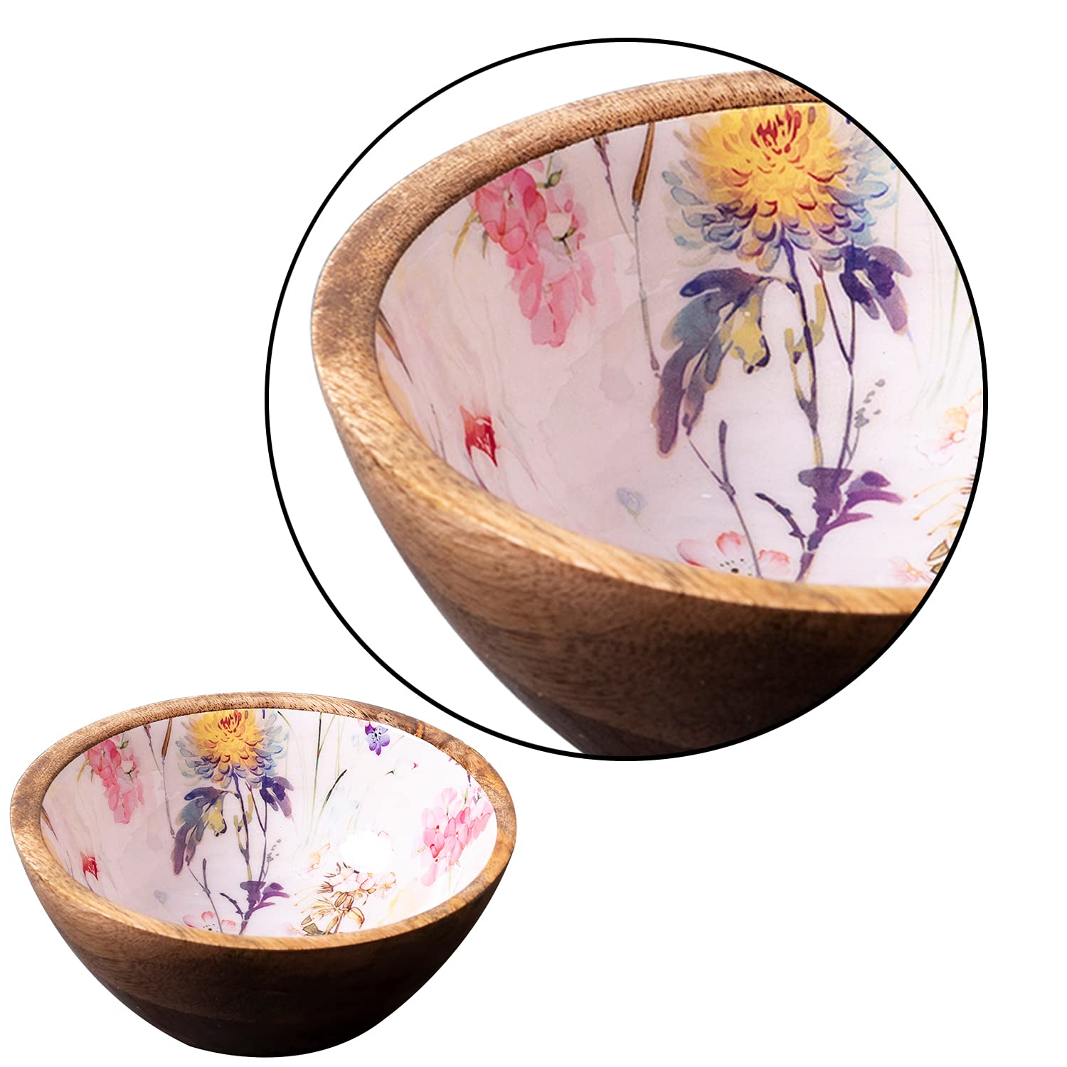 Bowl Snacks Mixing Bowls for Kitchen | Salad Bowl Printed Wooden Desert Bowl for Serving Mixing Bowl Mango Wood with Decaling Print