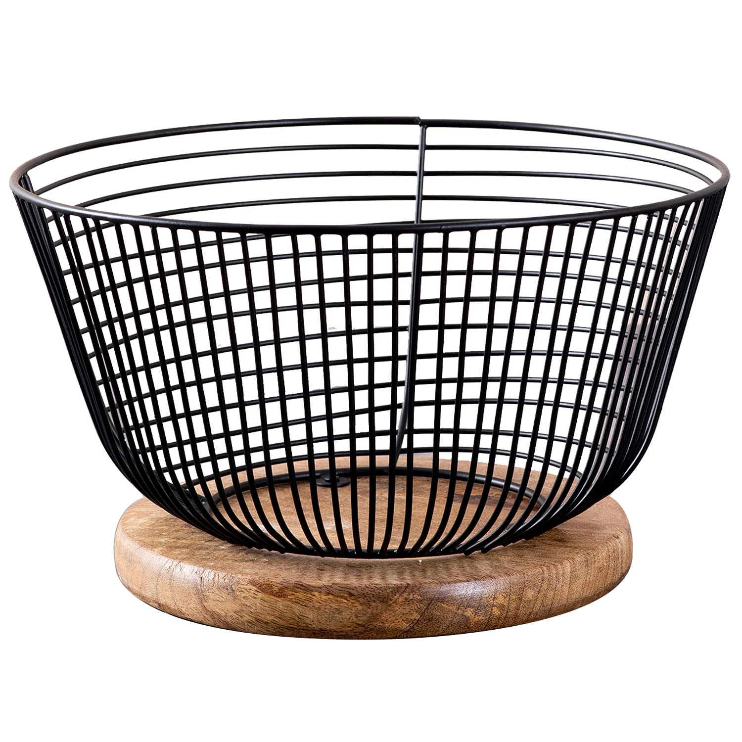 Fruit Basket Kitchen Stand vegetable basket rack stand for kitchen | Round Net baskets for storage Metal basket fruit stand storage baskets with wooden round base design (BLACK)