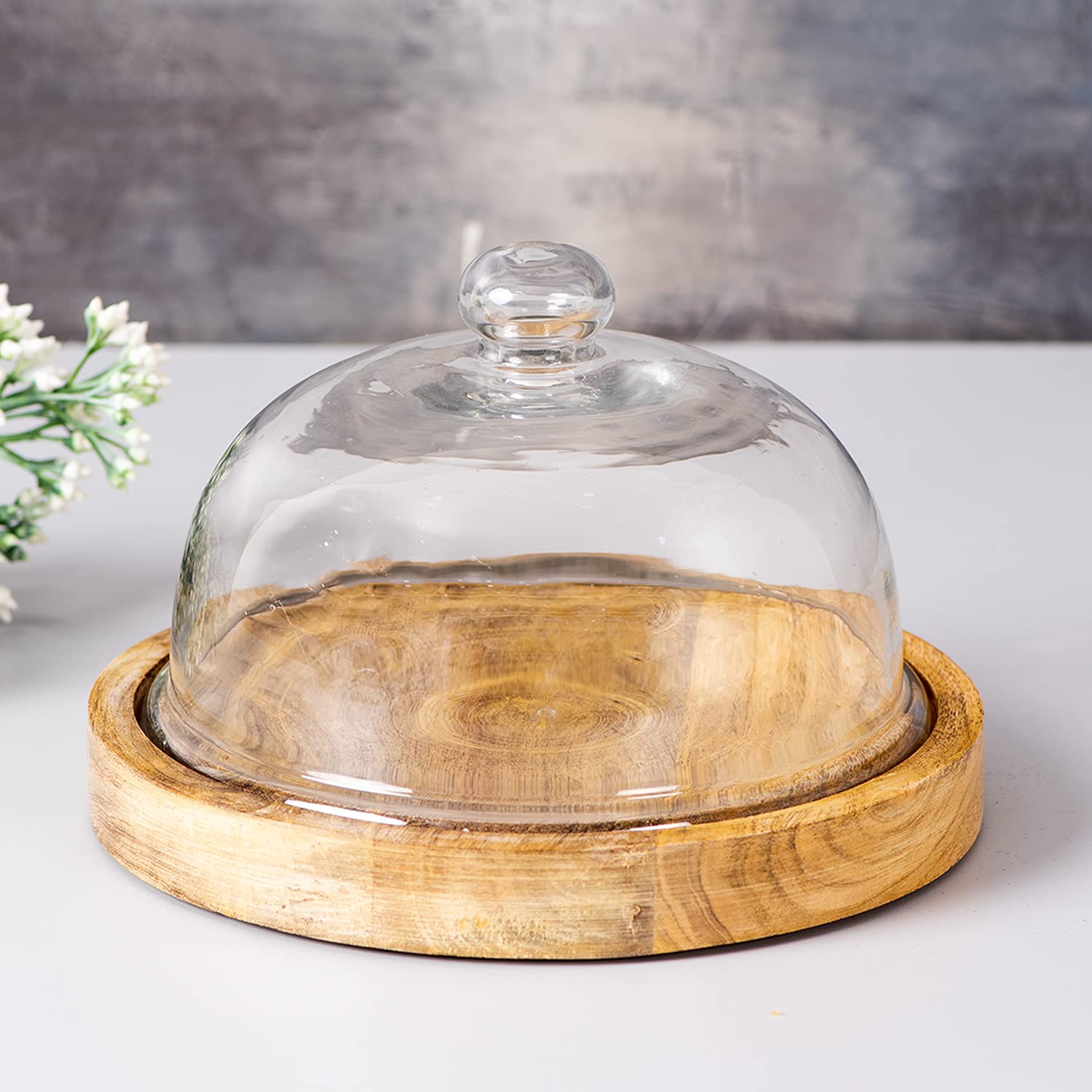 Cake Stand with dome glass Wooden Round Cake Stand | Round Cake Cutting holder for Surprise multipurpose platter cake pastry pizza Brown