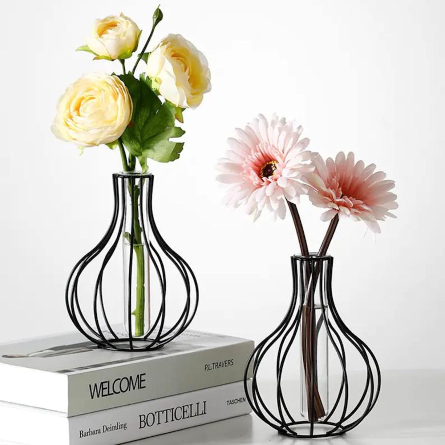 Metal Wire Decorative Glass Tube Vase/Flower Vase Pot/Unique Handmade Home Decor/Living Room Office Table Vase-Black