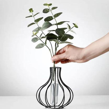 Metal Wire Decorative Glass Tube Vase/Flower Vase Pot/Unique Handmade Home Decor/Living Room Office Table Vase-Black