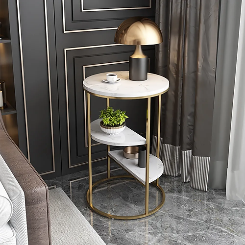 Galloy Gold End Table With 3 Tier Marble Shelf