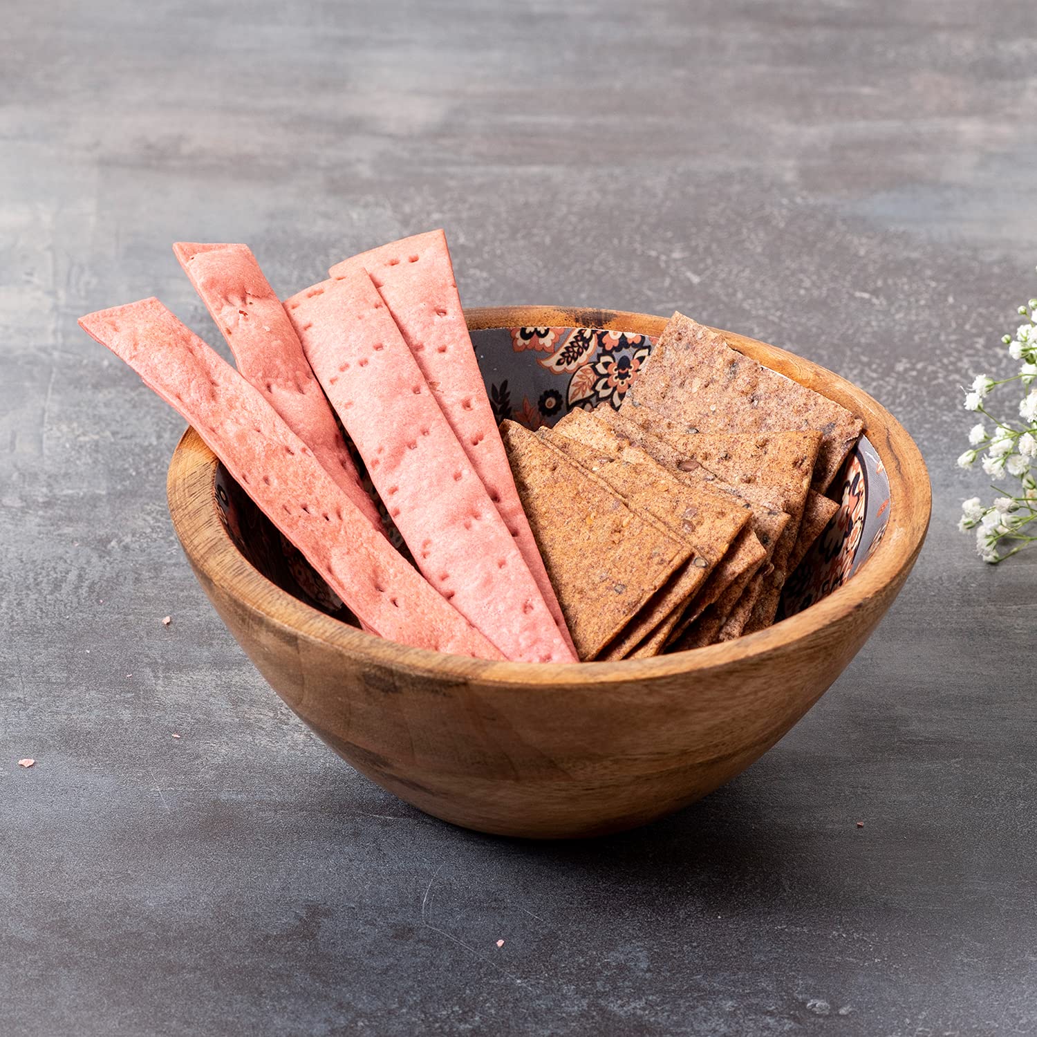 Bowl for Snacks Mixing Bowls for Kitchen | Salad Bowl Printed Wooden Desert Bowl for Serving Mixing Bowl Mango Wood with Decaling Print