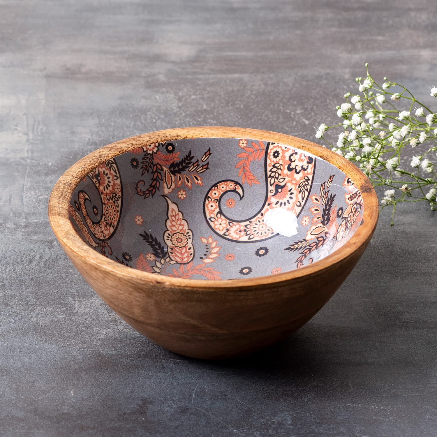 Bowl for Snacks Mixing Bowls for Kitchen | Salad Bowl Printed Wooden Desert Bowl for Serving Mixing Bowl Mango Wood with Decaling Print