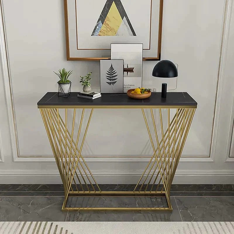 Trapezoid Design Console Table with Golden Metal Finish