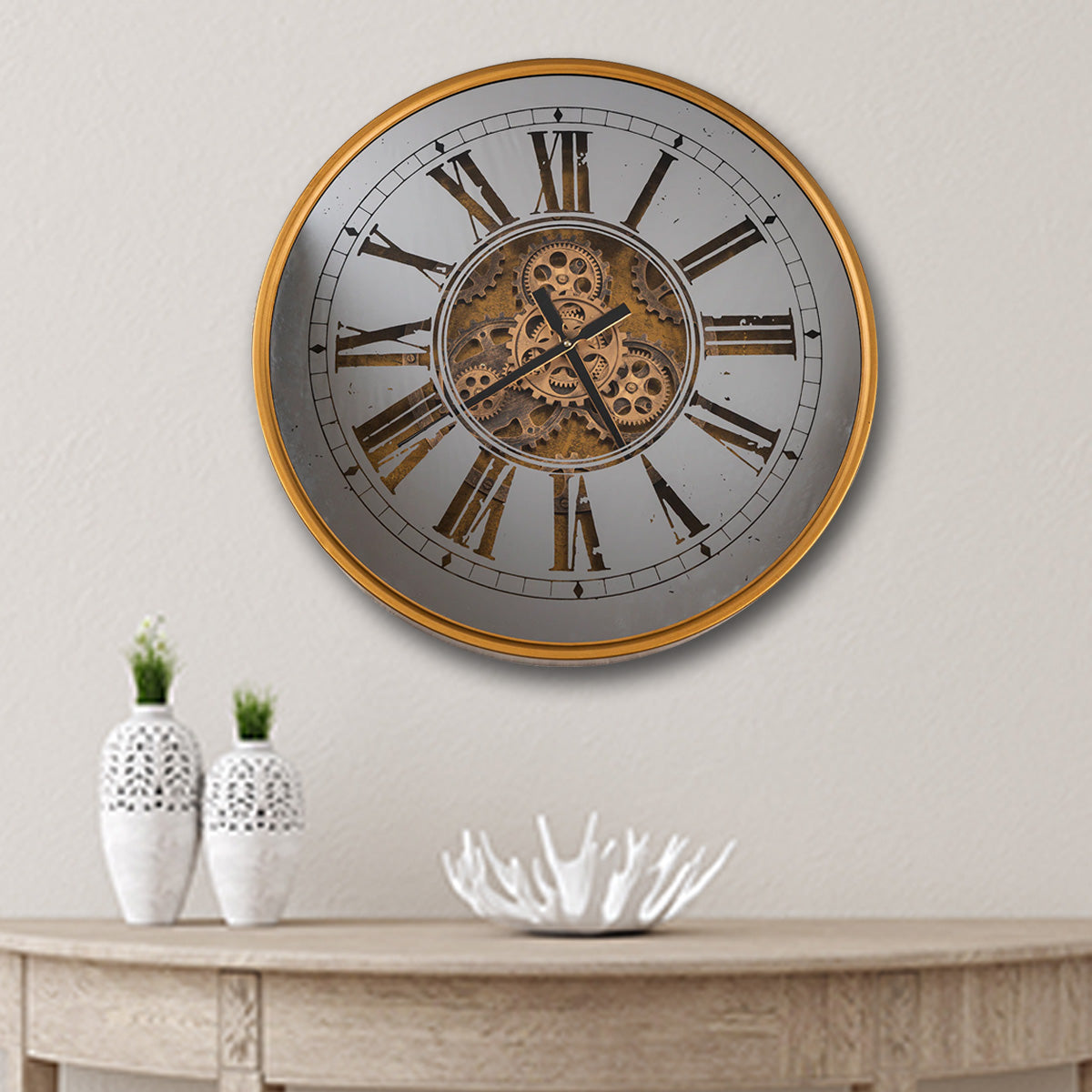 The Aries Large Antique Wall Clock With Moving Gear Mechanism