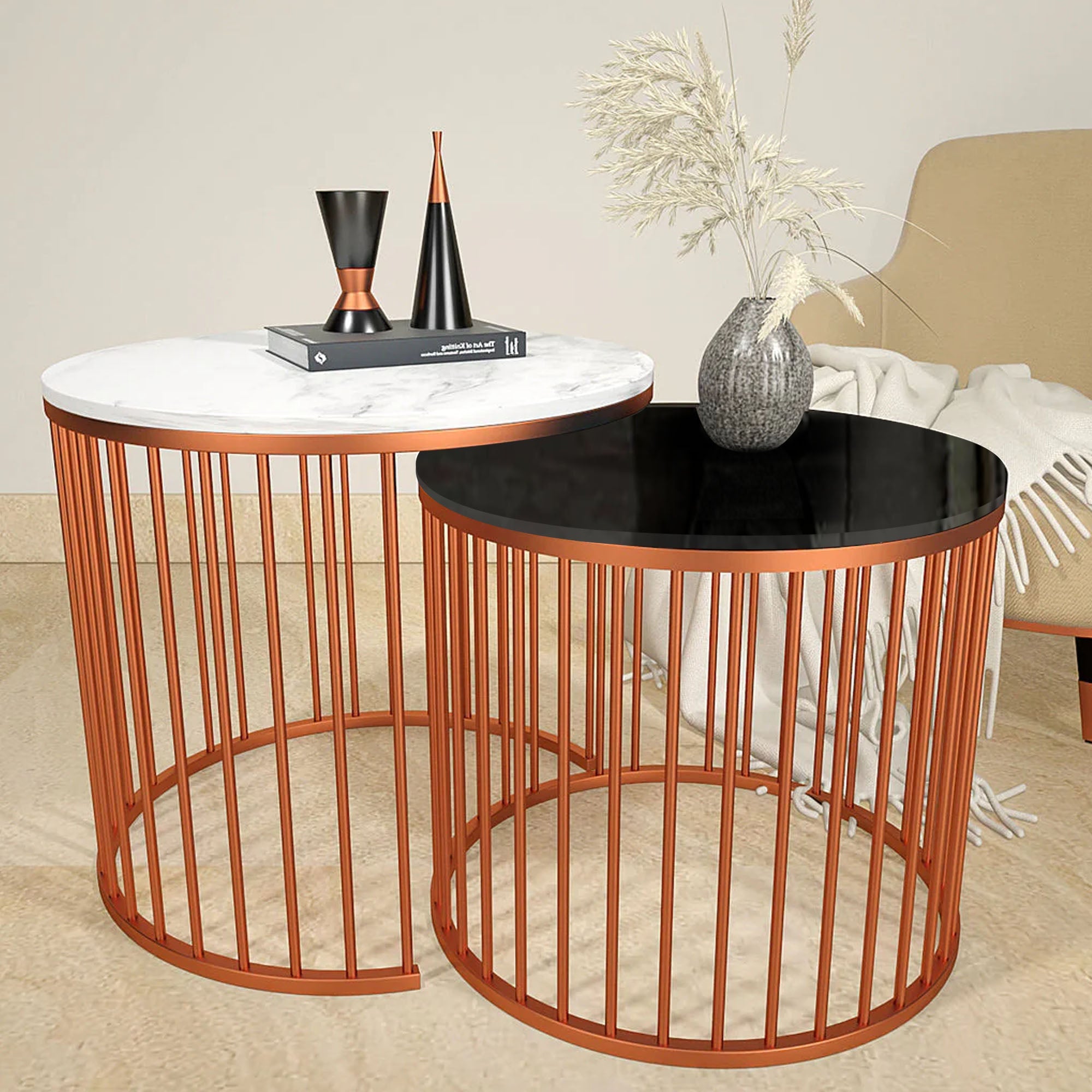 Black & White Caged Copper Nesting Table Set of 2