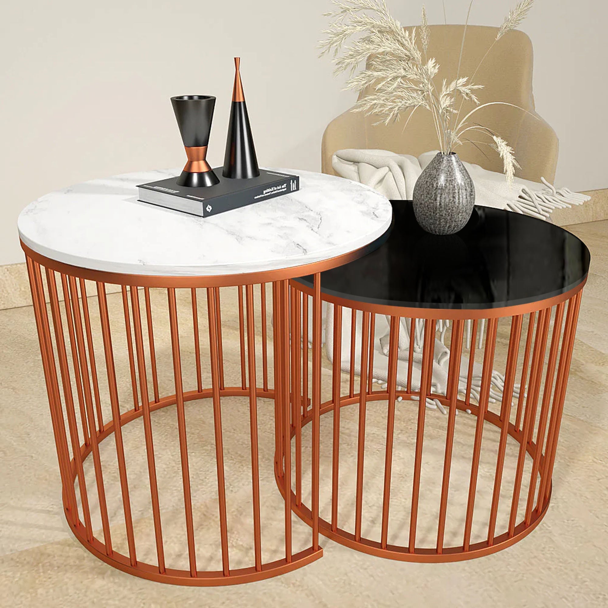 Black & White Caged Copper Nesting Table Set of 2