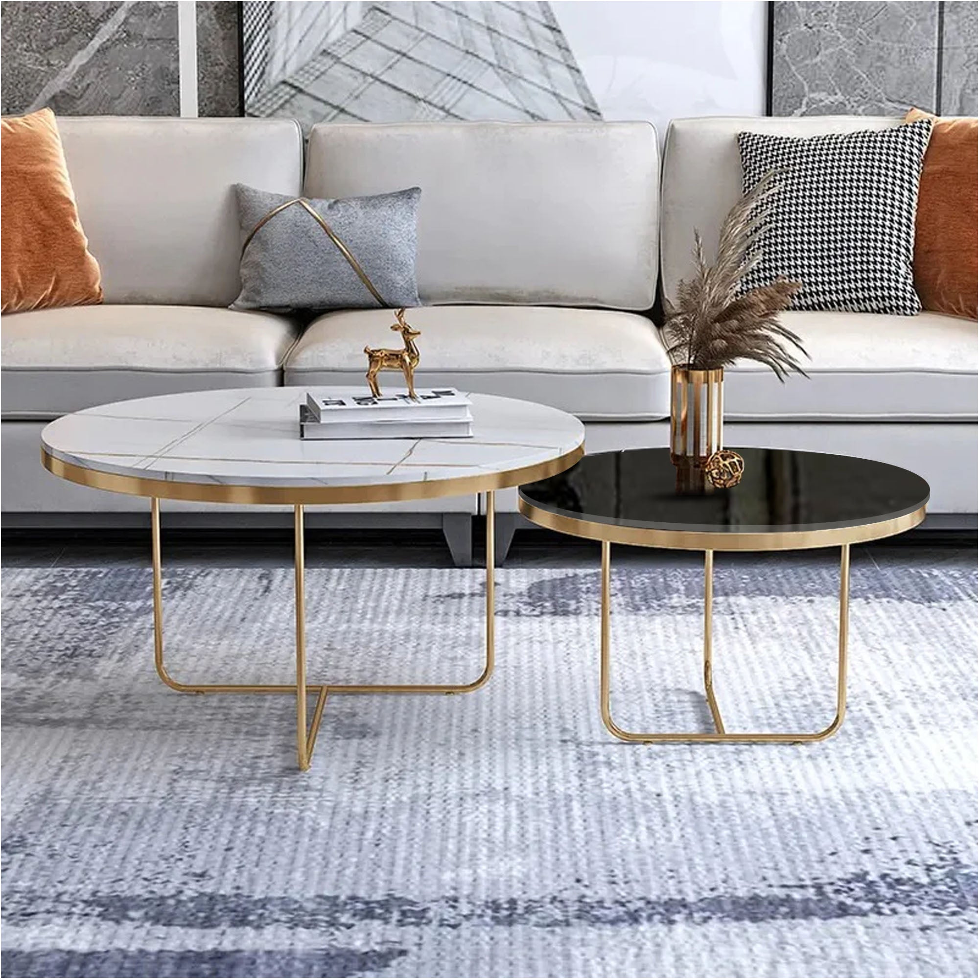 Modern Black & White Round Shaped Nesting Coffee Table Set of 2