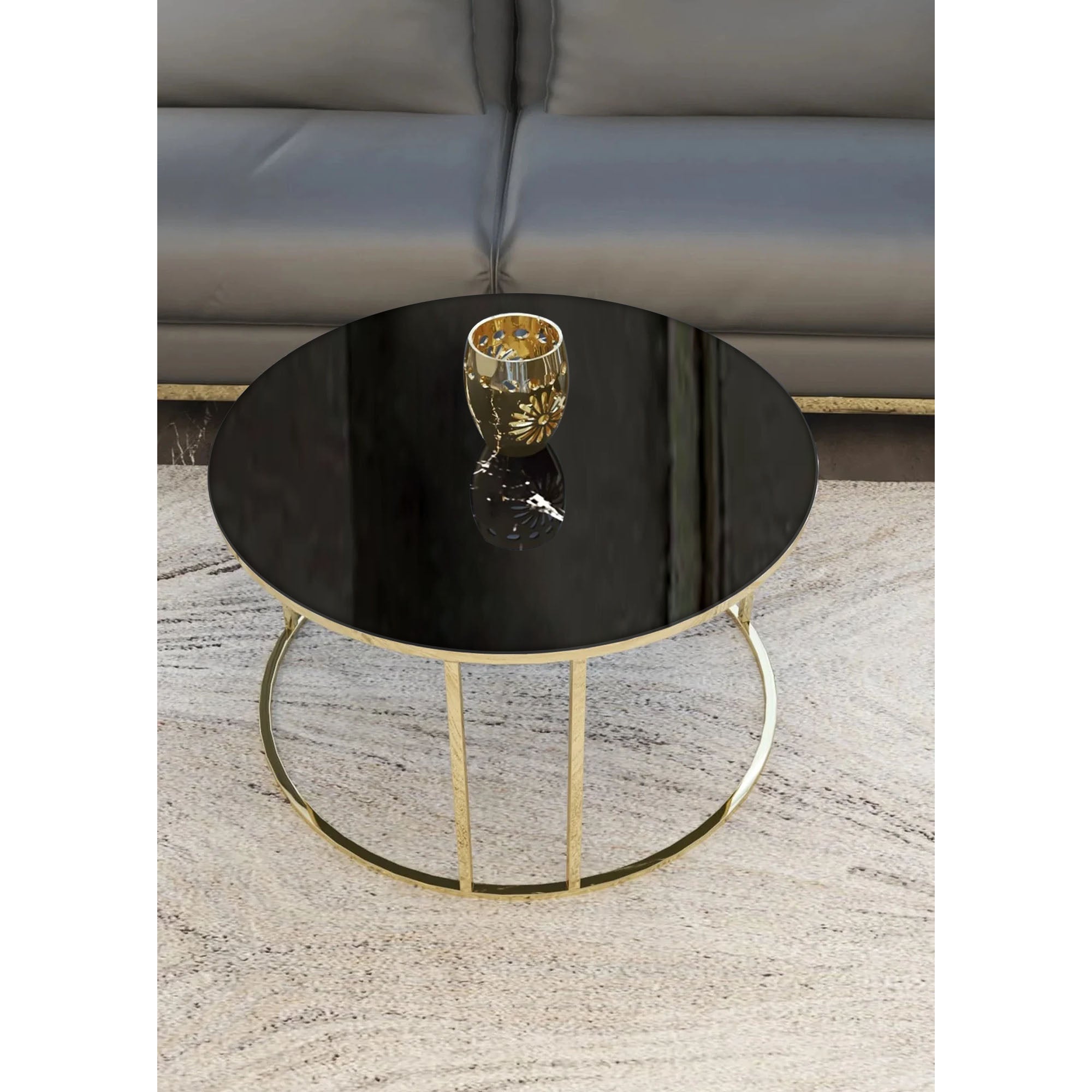 Modern Faux Marble Black Matte Finish Metal Centre Table