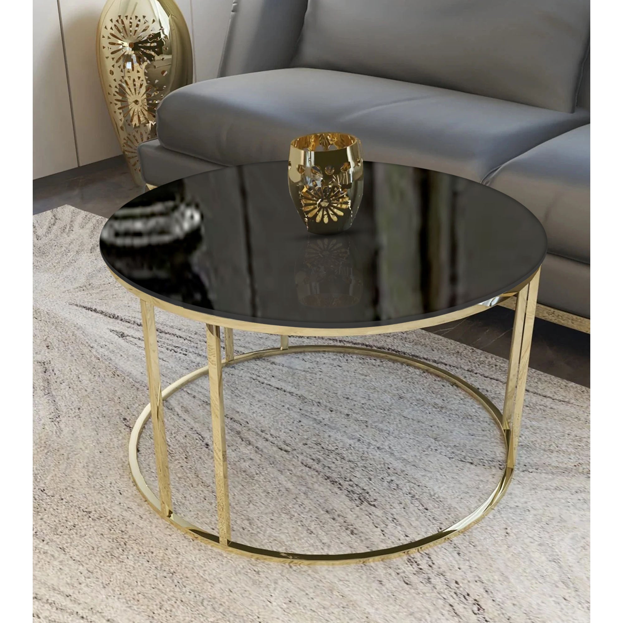 Modern Faux Marble Black Matte Finish Metal Centre Table