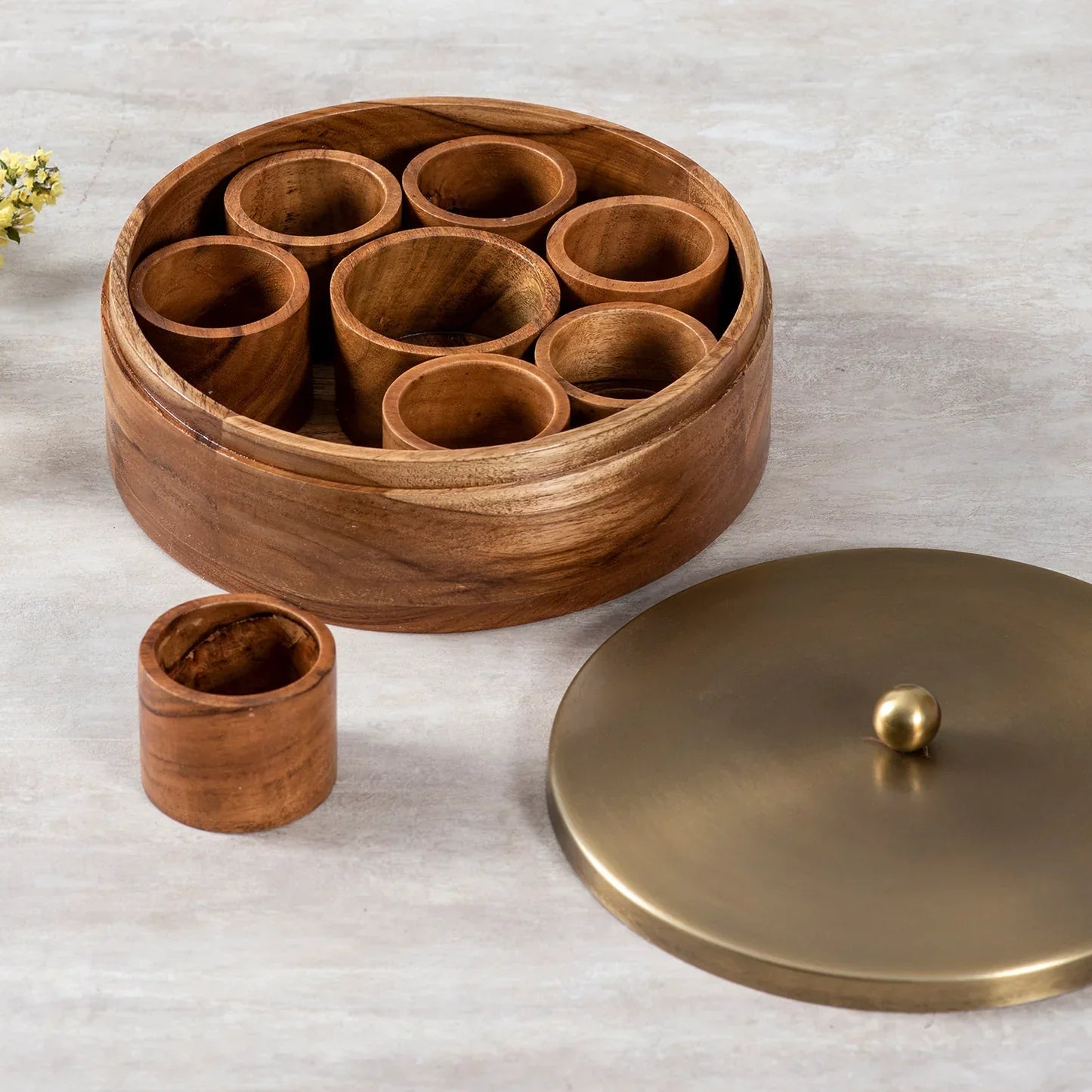 Classic Acacia Wood Masala Box - Gold