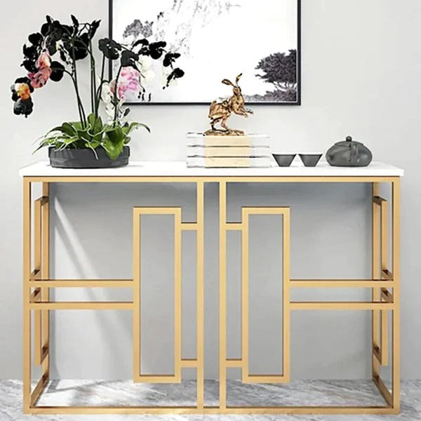 Classic Console Table with White Marble in Golden Metal Finish
