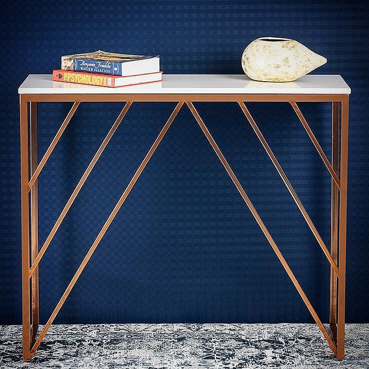 Classic Design Console Table White Rectangular Shape with Copper Metal Finish