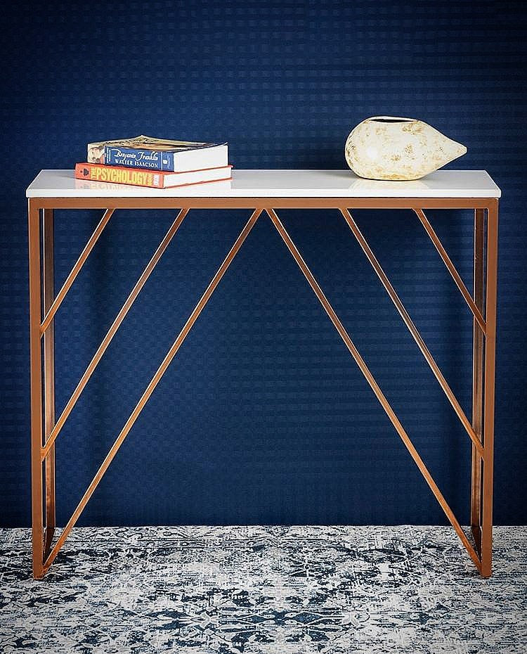 Classic Design Console Table White Rectangular Shape with Copper Metal Finish