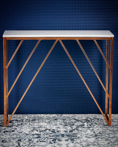 Classic Design Console Table White Rectangular Shape with Copper Metal Finish