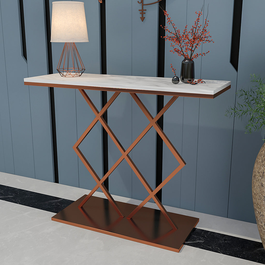 Copper Finish Console Table In Geometric Criss Cross Pattern