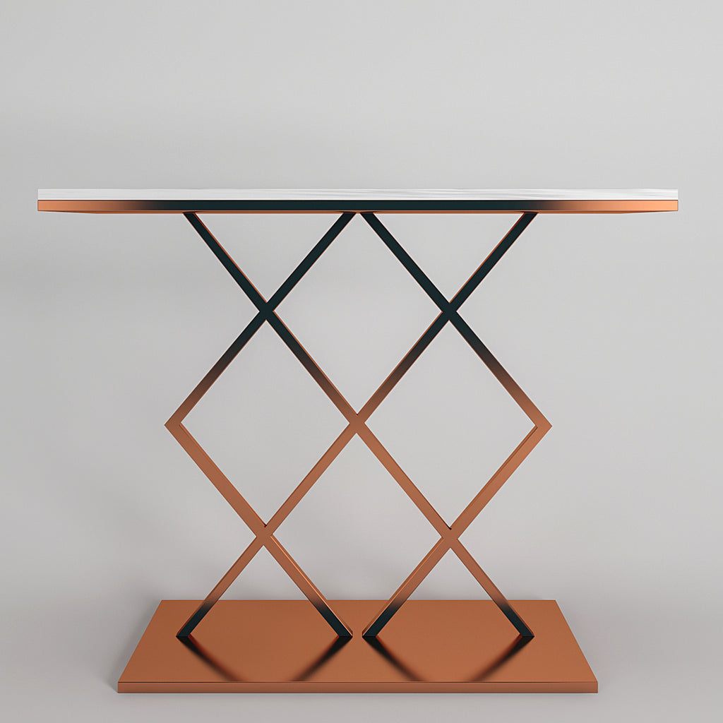 Copper Finish Console Table In Geometric Criss Cross Pattern