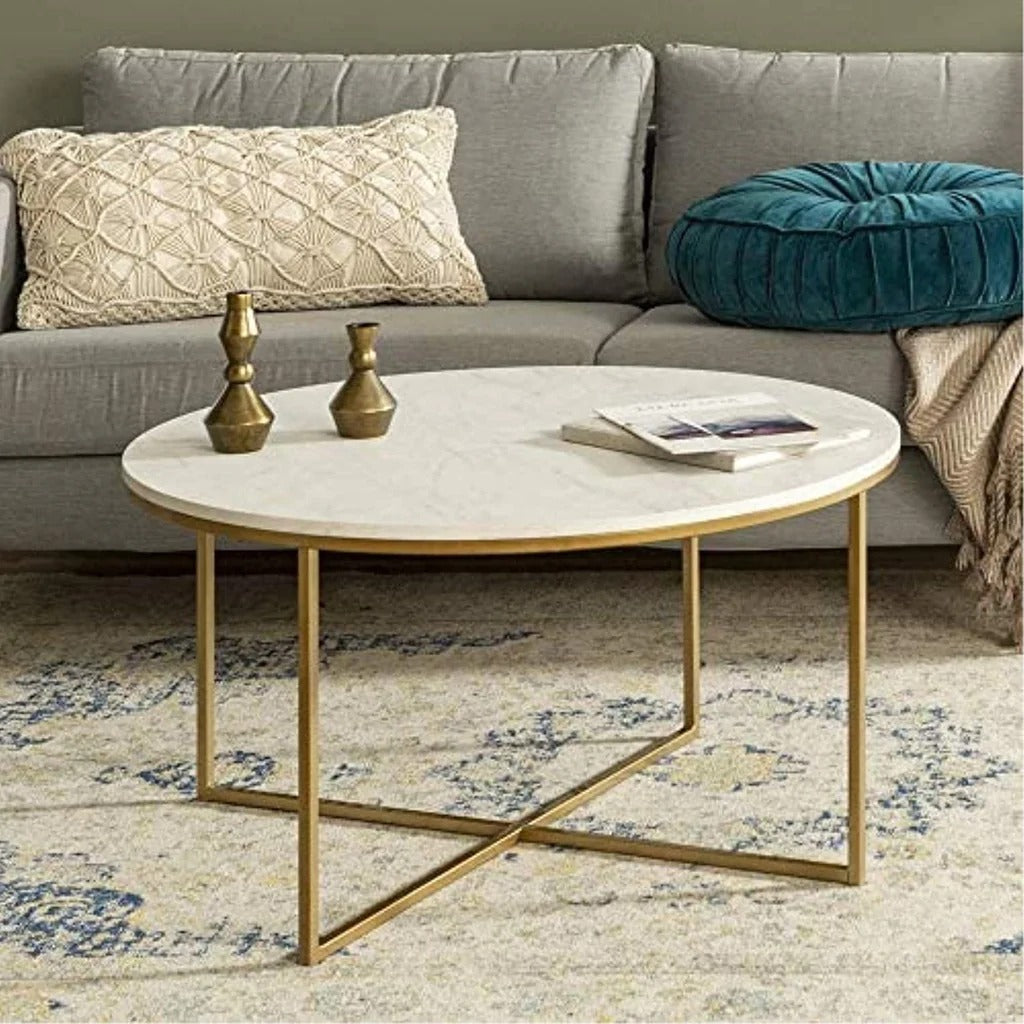 Golden Minimalist Metal Center Table in Criss Cross Design