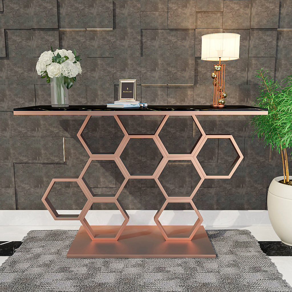 Honeycomb Motif Copper Finish Metal Console Table