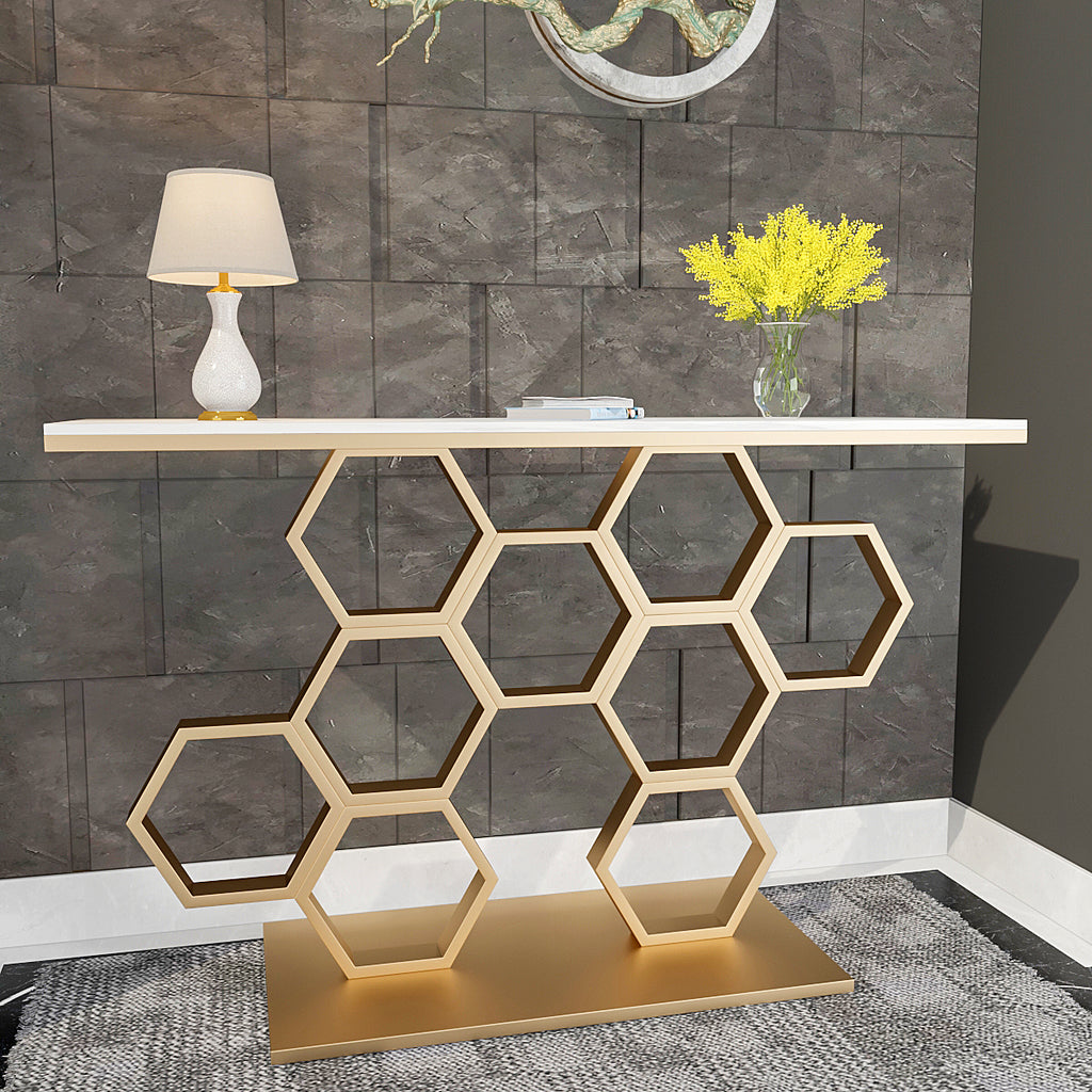 Honeycomb Motif Golden Metal Finish Console Table