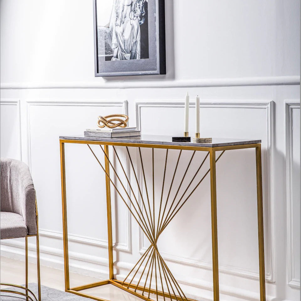 Luxury Marble Wall Console Table In Sleek Golden Rods Design