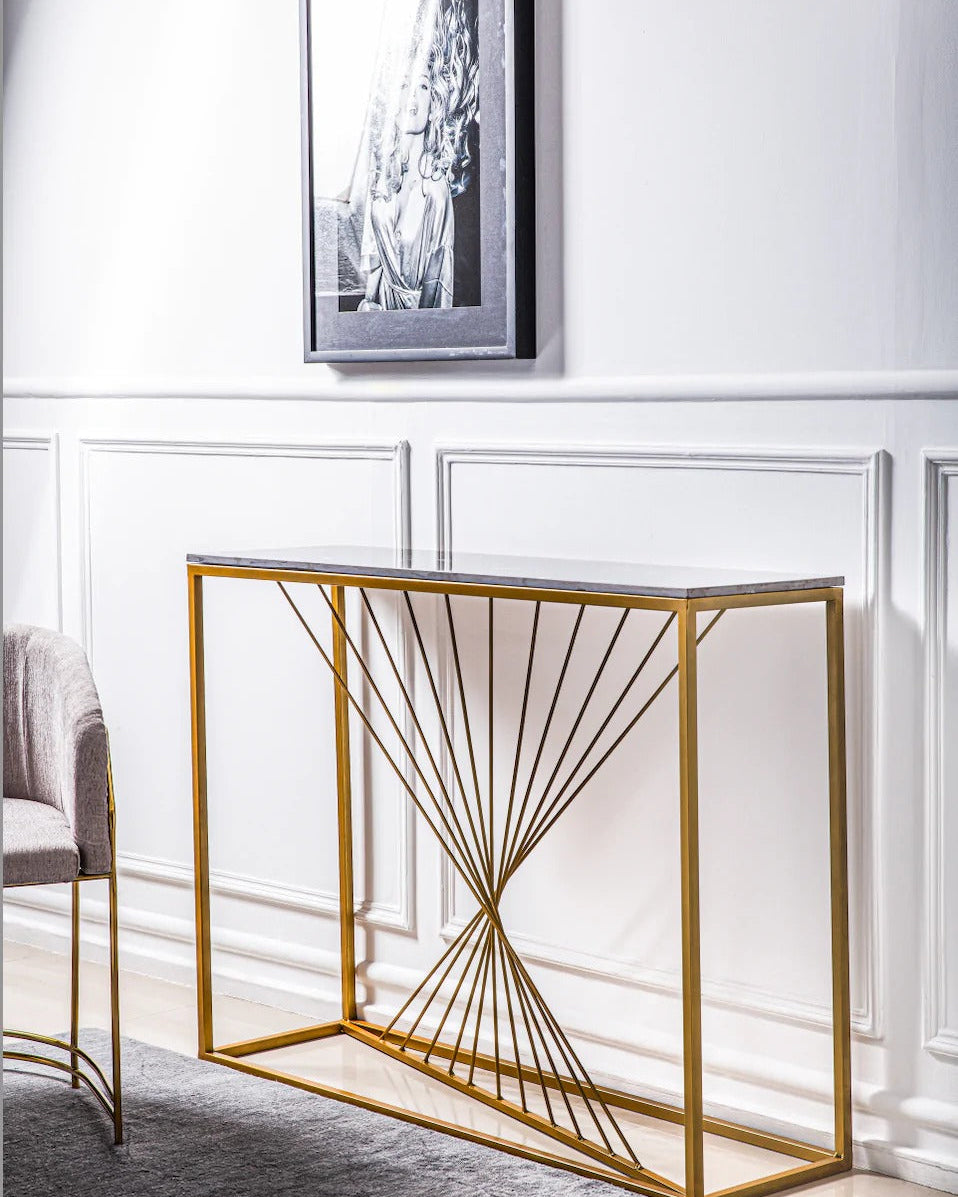 Luxury Marble Wall Console Table In Sleek Golden Rods Design