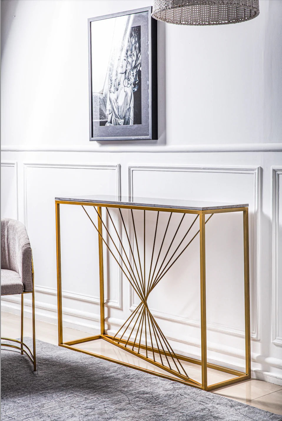 Luxury Marble Wall Console Table In Sleek Golden Rods Design