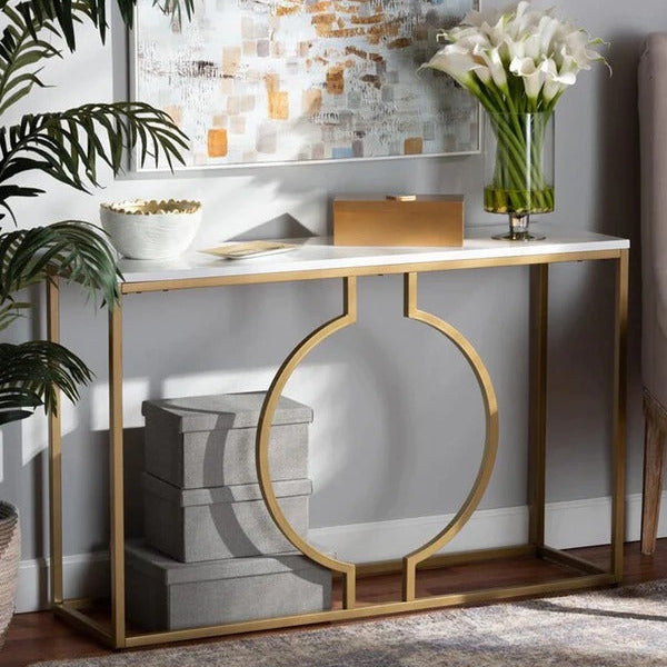 Metallic Ring Console Table with White Marble Table Top