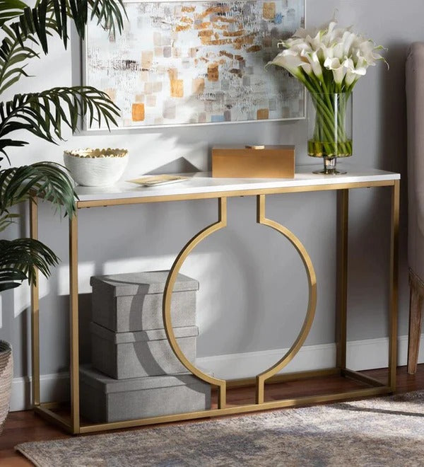 Metallic Ring Console Table with White Marble Table Top